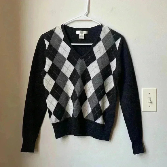 Kenar 100% Merino Wool Argyle V-Neck Sweater, Small (Fits Like XS), Vintage - Picture 1 of 10